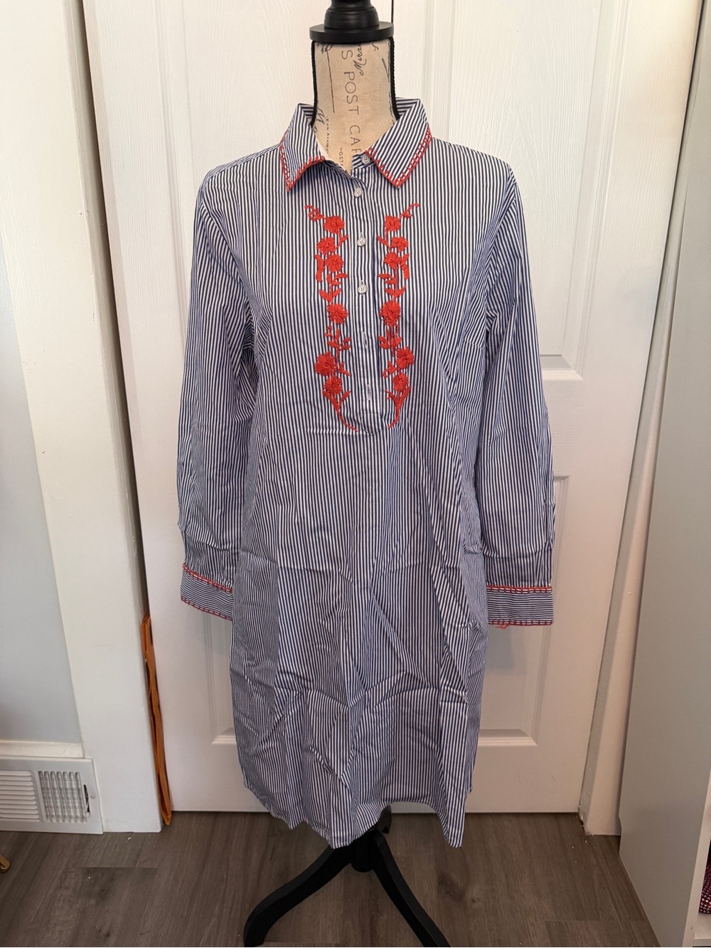 Brooks Brothers Blue and White Striped Dress with Red Floral Embroidery
